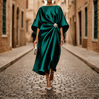 Women Midi Dress V Neck Elbow Sleeve Flared Skirt