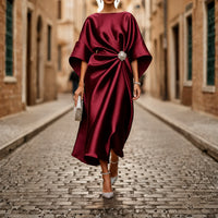Women Midi Dress V Neck Elbow Sleeve Flared Skirt