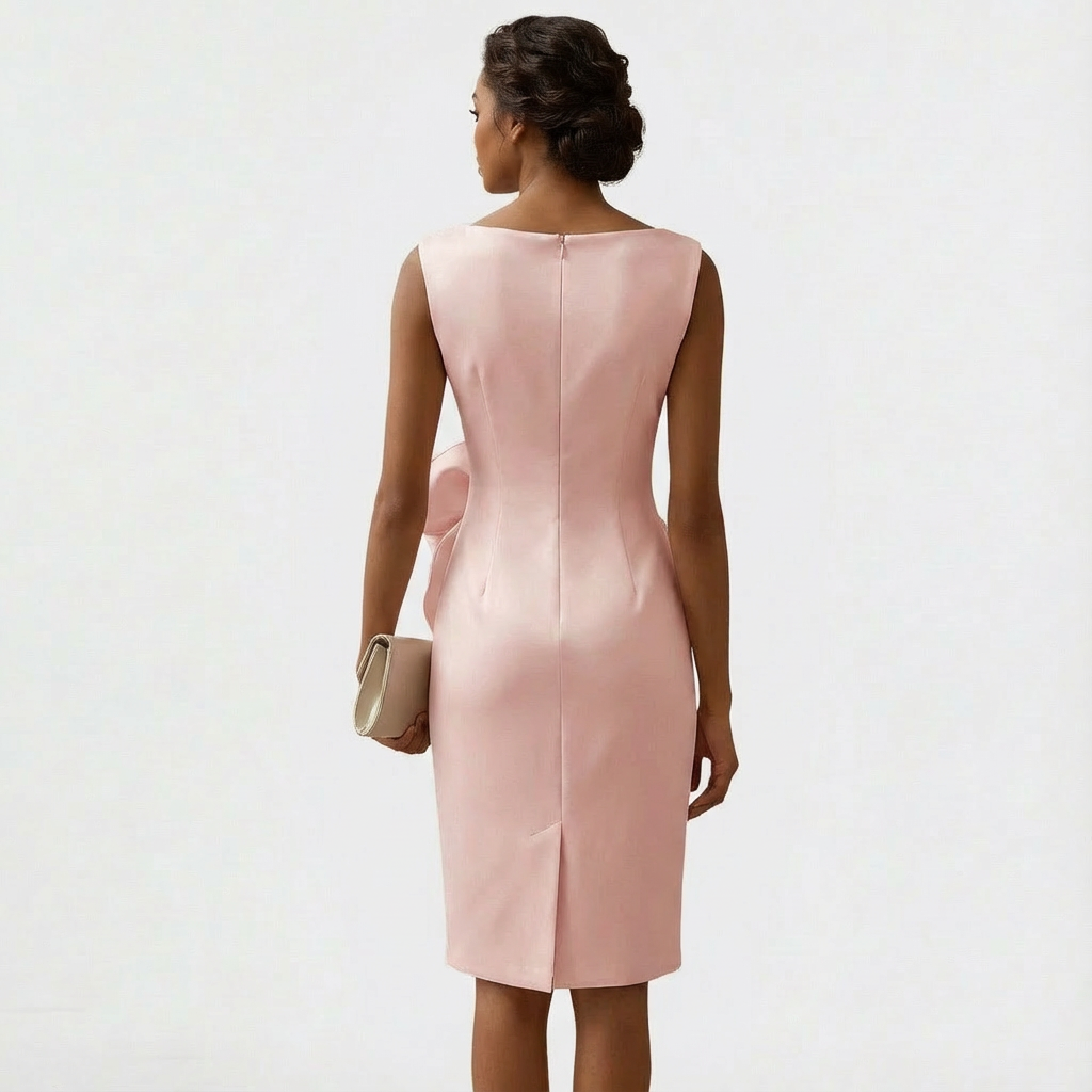 Robe midi femme sans manches à col rond avec nœud devant et coupe trapèze