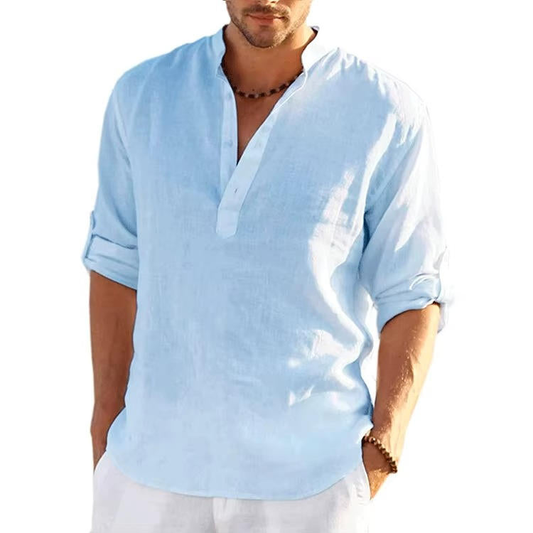 Camisa Henley para Hombre con Tapeta de Botones de Lino, Manga Larga con Presilla, Corte Regular