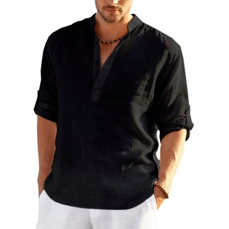 Camisa Henley para Hombre con Tapeta de Botones de Lino, Manga Larga con Presilla, Corte Regular