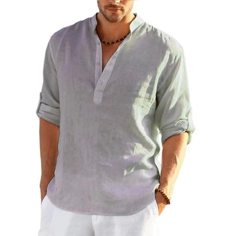 Camisa Henley para Hombre con Tapeta de Botones de Lino, Manga Larga con Presilla, Corte Regular