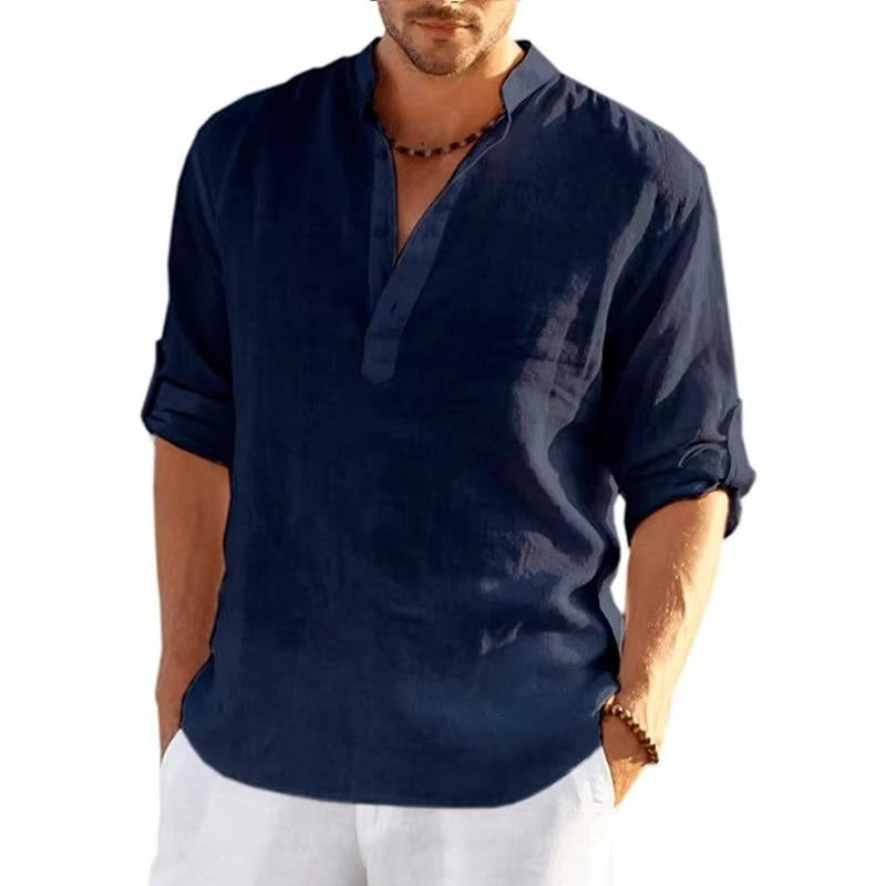 Camisa Henley para Hombre con Tapeta de Botones de Lino, Manga Larga con Presilla, Corte Regular