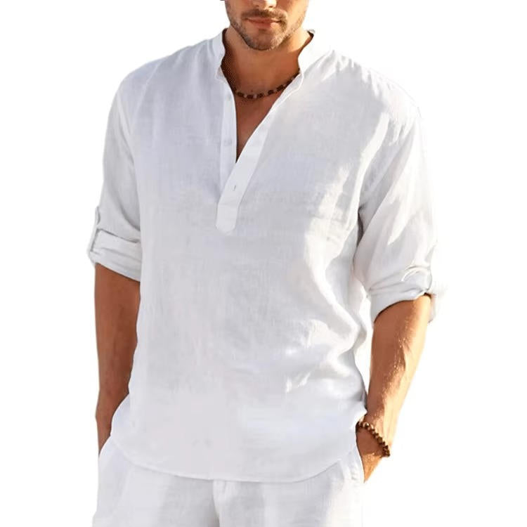 Camisa Henley para Hombre con Tapeta de Botones de Lino, Manga Larga con Presilla, Corte Regular