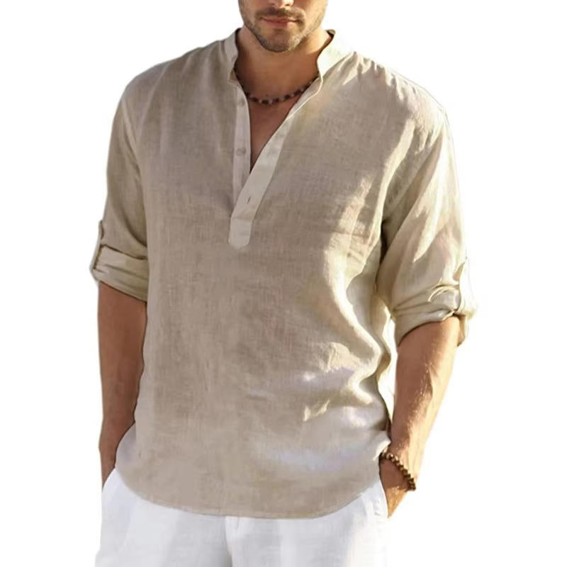 Camisa Henley para Hombre con Tapeta de Botones de Lino, Manga Larga con Presilla, Corte Regular