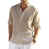 Camisa Henley para Hombre con Tapeta de Botones de Lino, Manga Larga con Presilla, Corte Regular