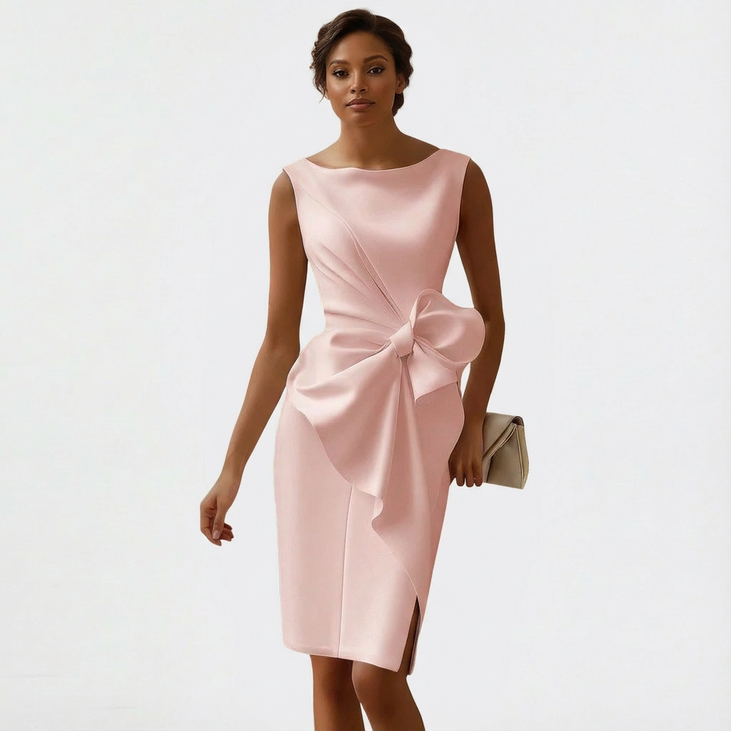 Vestido midi para mujer con lazo delantero, sin mangas, cuello redondo, corte en línea A