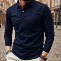 Camiseta de manga larga para hombre, tipo polo, color sólido, ajuste holgado, tela de poliéster