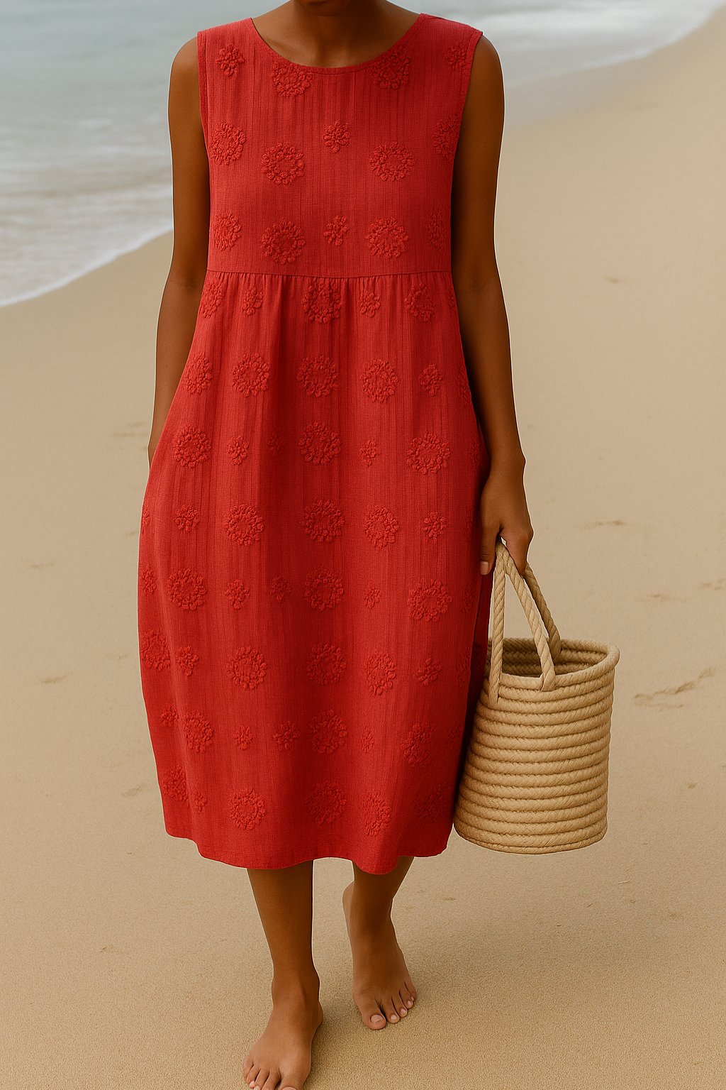 Floral Appliqué Women's Midi Sleeveless Dress Side