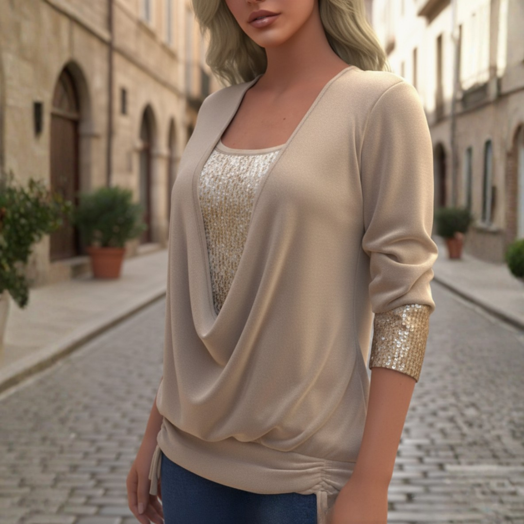Blusa de manga larga con lentejuelas, cuello drapeado, ajuste holgado para mujer