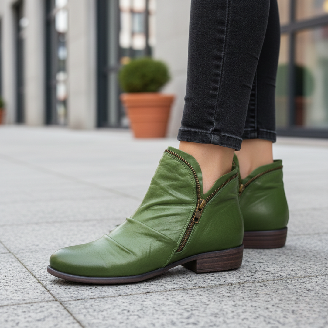 Botas de tobillo ortopédicas para mujer de cuero sintético con doble cremallera y fruncido