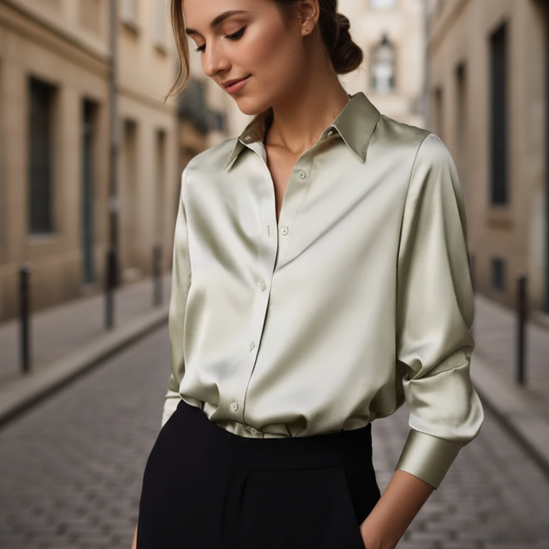 Blusa larga de satén para mujer con botones delanteros