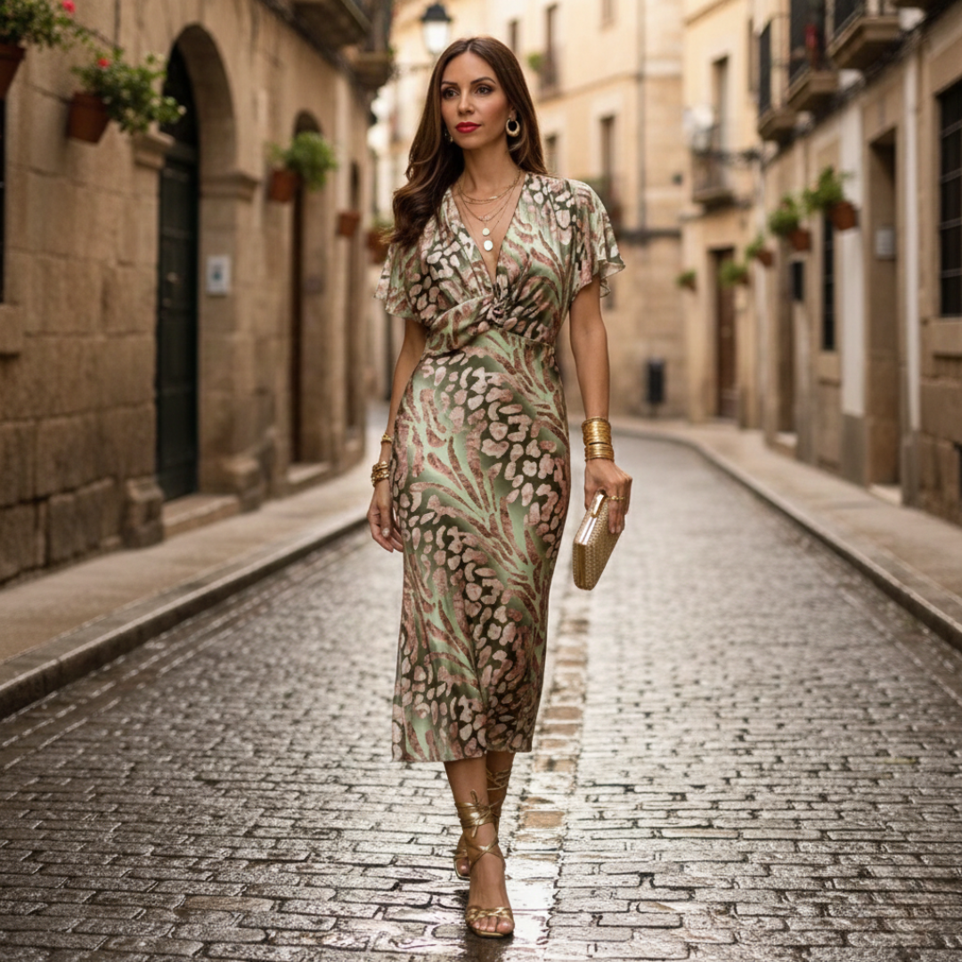 Vestido midi de satén floral para mujer, manga corta, verde