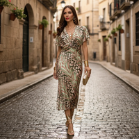 Vestido midi de satén floral para mujer, manga corta, verde