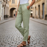 Pantalones de Lino con Cintura Elástica y Cordón, Ajustados para Mujer, Verano