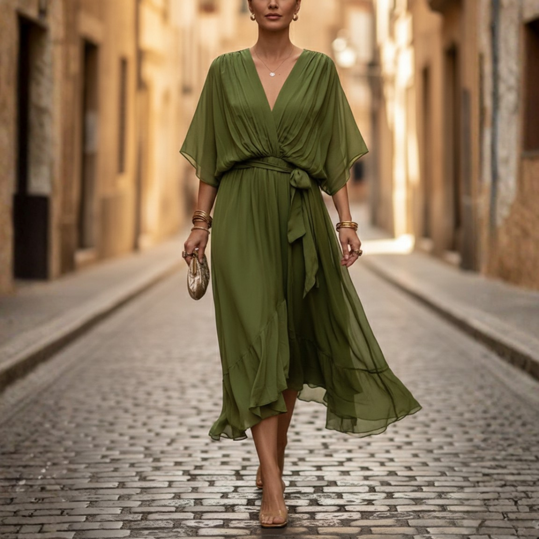 Robe longue à manches courtes en mousseline pour femmes