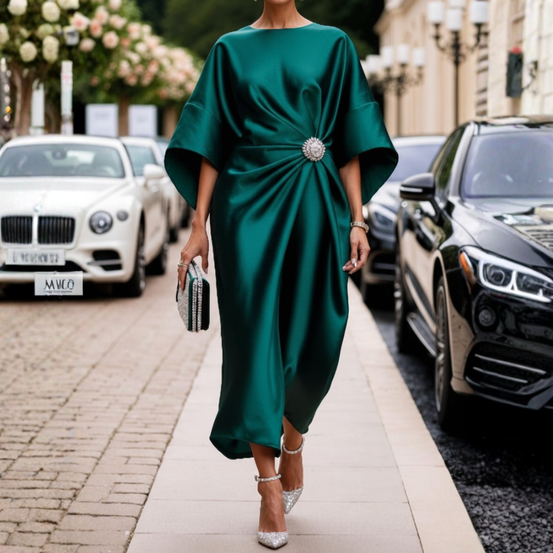 Women Satin Draped Rhinestone Brooch Midi Dress