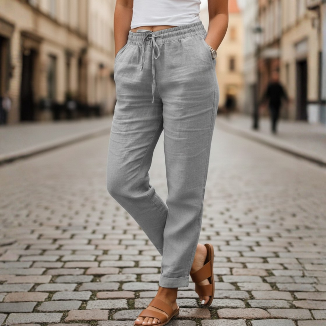 Pantalones de Lino con Cintura Elástica y Cordón, Ajustados para Mujer, Verano
