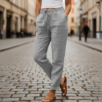 Pantalones de Lino con Cintura Elástica y Cordón, Ajustados para Mujer, Verano