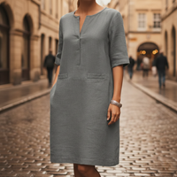 Vestido entallado de manga corta con apariencia de lino para mujer