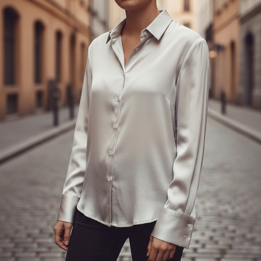Blusa larga de satén para mujer con botones delanteros