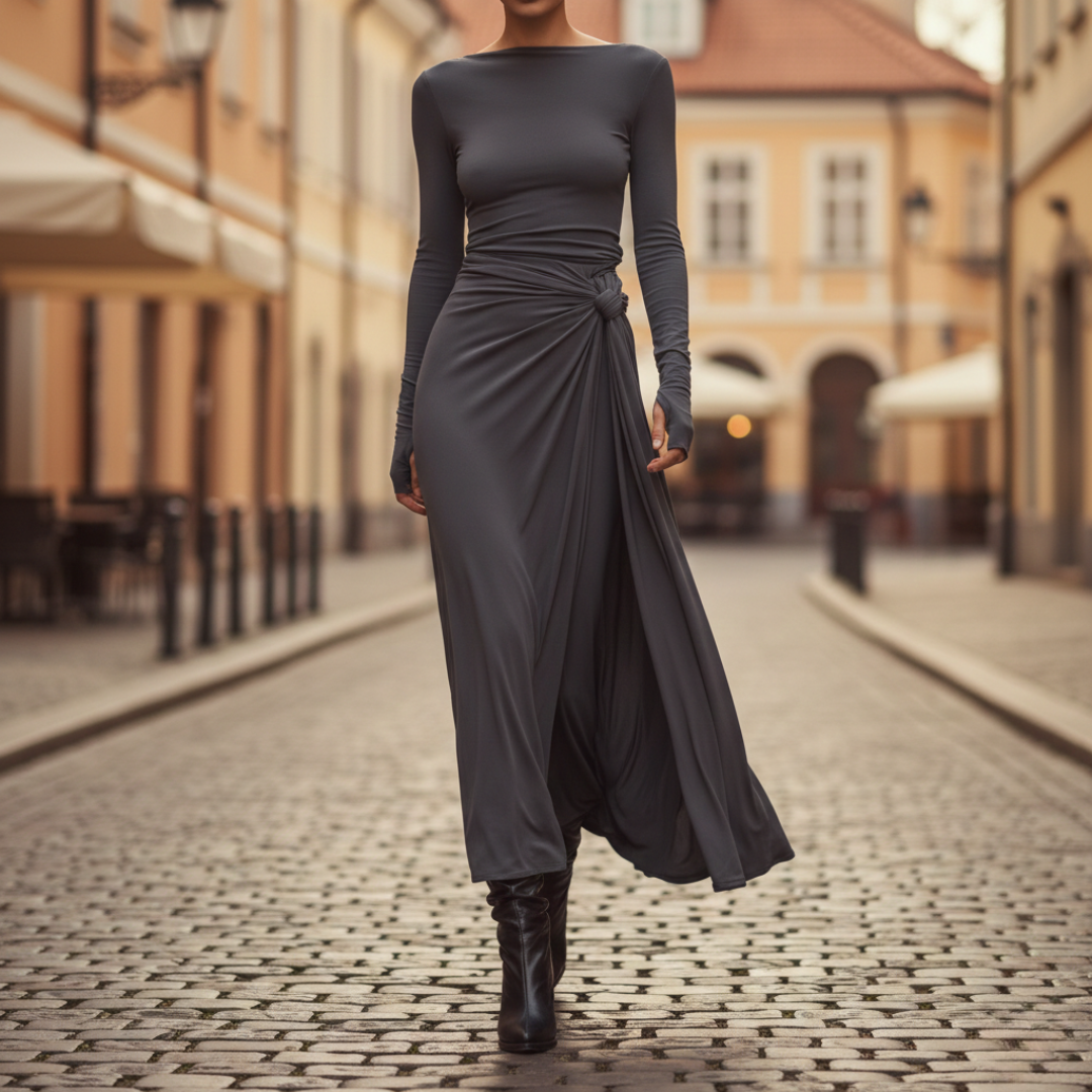 Vestido largo de mujer con nudo lateral, manga larga y hasta el suelo