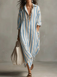 Women's Striped Linen Long Shirt Dress | Loose Fit