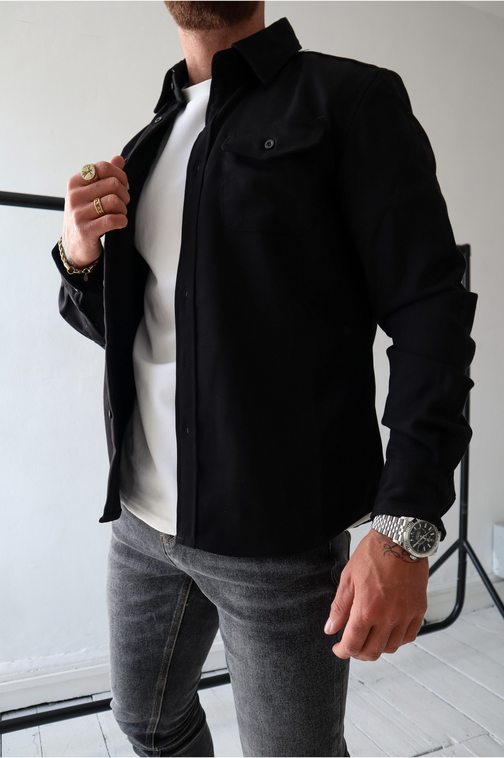Chaqueta overshirt para hombre con botones, manga larga, bolsillo en el pecho, ajuste regular