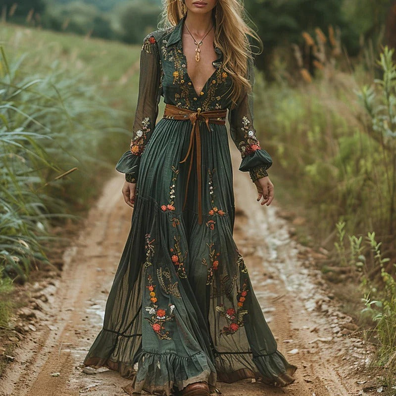 Vestido largo de mujer de gasa bordado con flores, sin mangas, cuello redondo, cintura elástica – Ocasión casual
