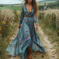Women's Maxi Dress Chiffon Embroidered Floral Sleeveless Round Neck Elastic Waist – Casual Occasion
