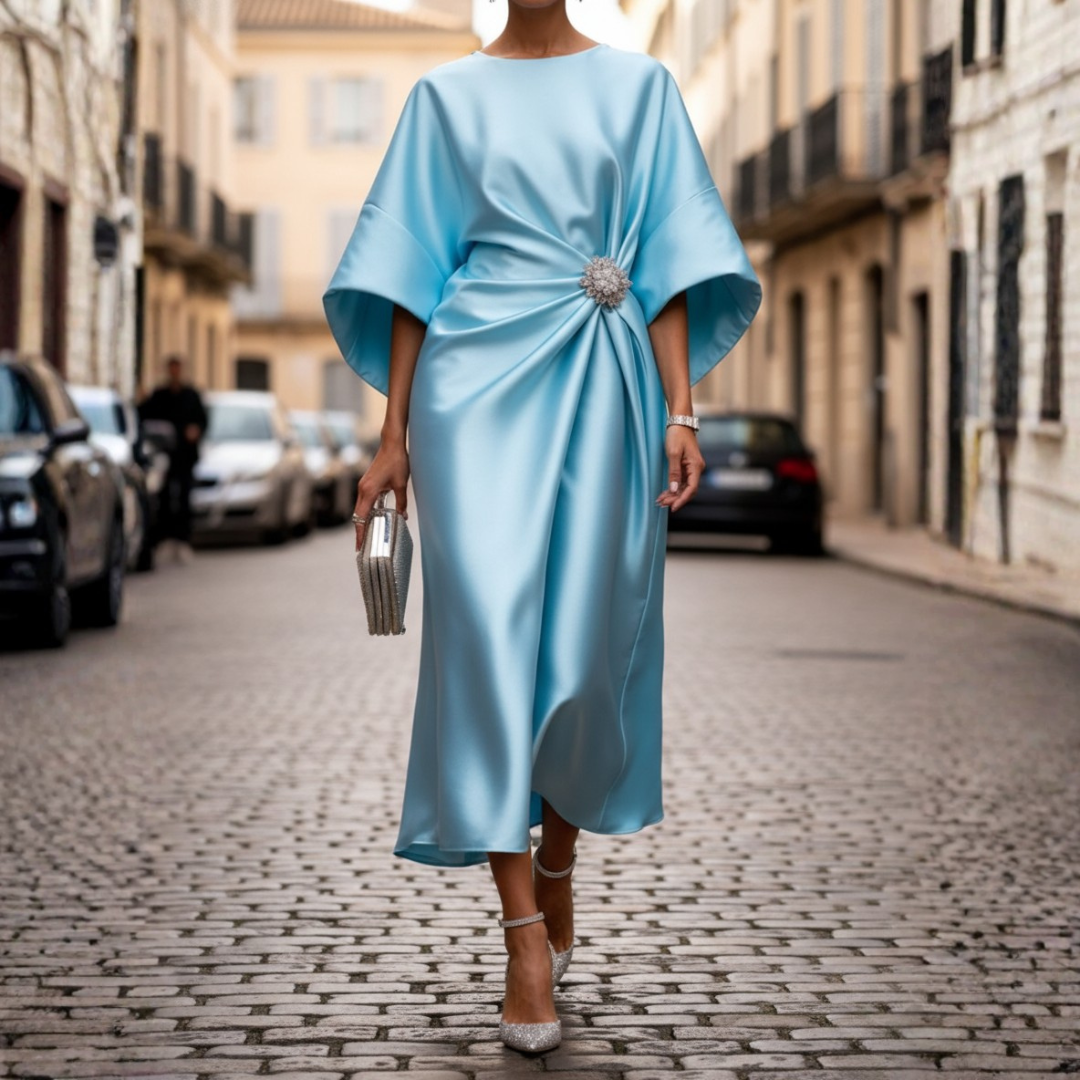 Women Satin Draped Rhinestone Brooch Midi Dress