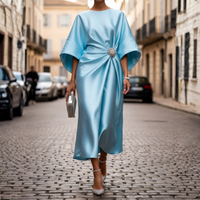 Women Satin Draped Rhinestone Brooch Midi Dress