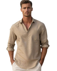 Men's Classic Comfort Shirt | Henley Collarless Relaxed Fit Detail