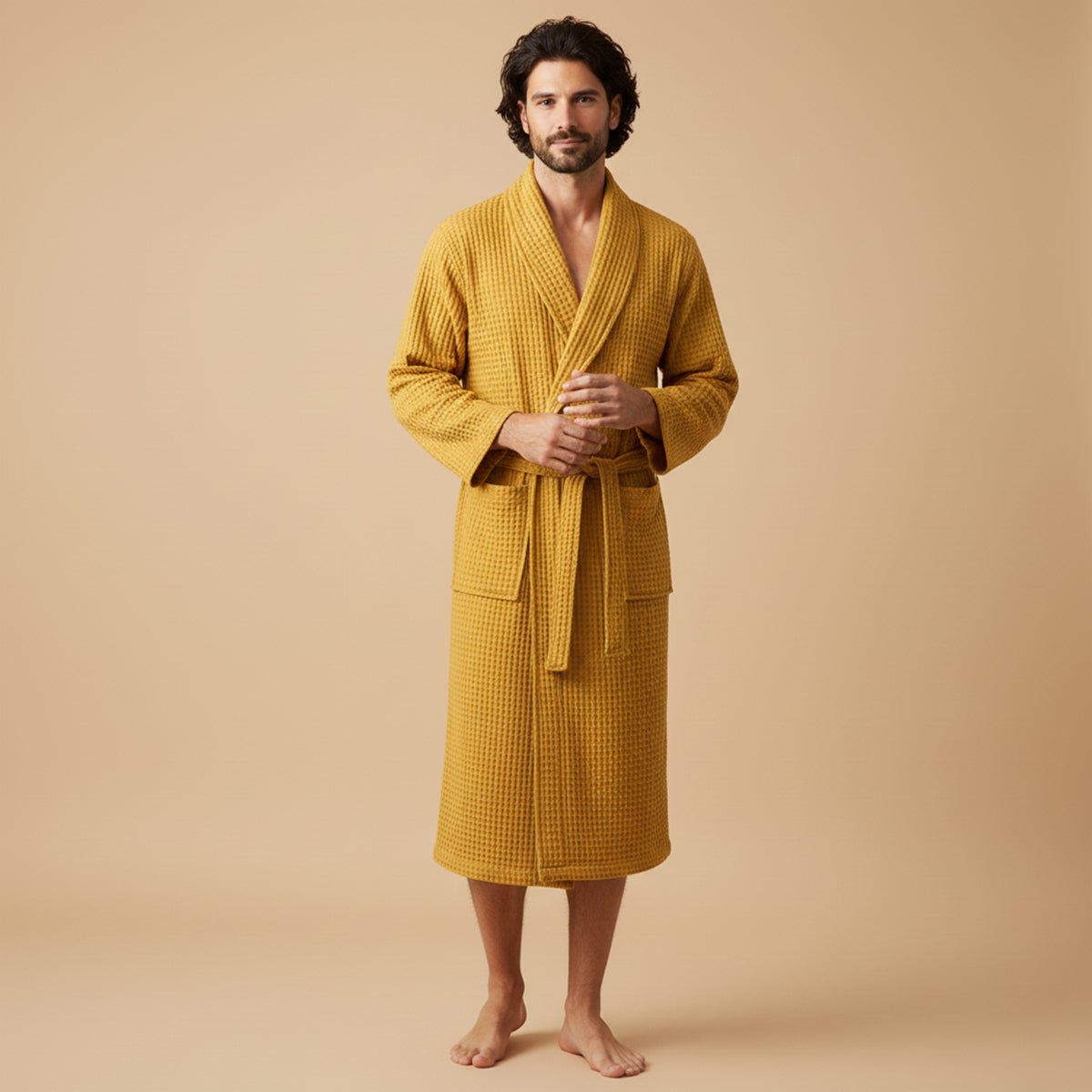Men's Cotton Waffle Lightweight Bathrobe | Shawl Collar Spa Belt Front
