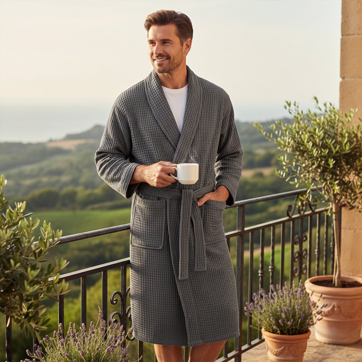 Men's Cotton Waffle Lightweight Bathrobe | Shawl Collar Spa Belt View 13