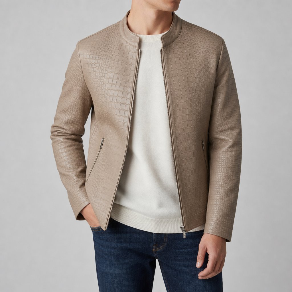 Men's Croc Embossed Leather Jacket | Slim Zip Front Front