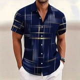 Camisa de hombre de manga corta con botones y estampado geométrico a cuadros