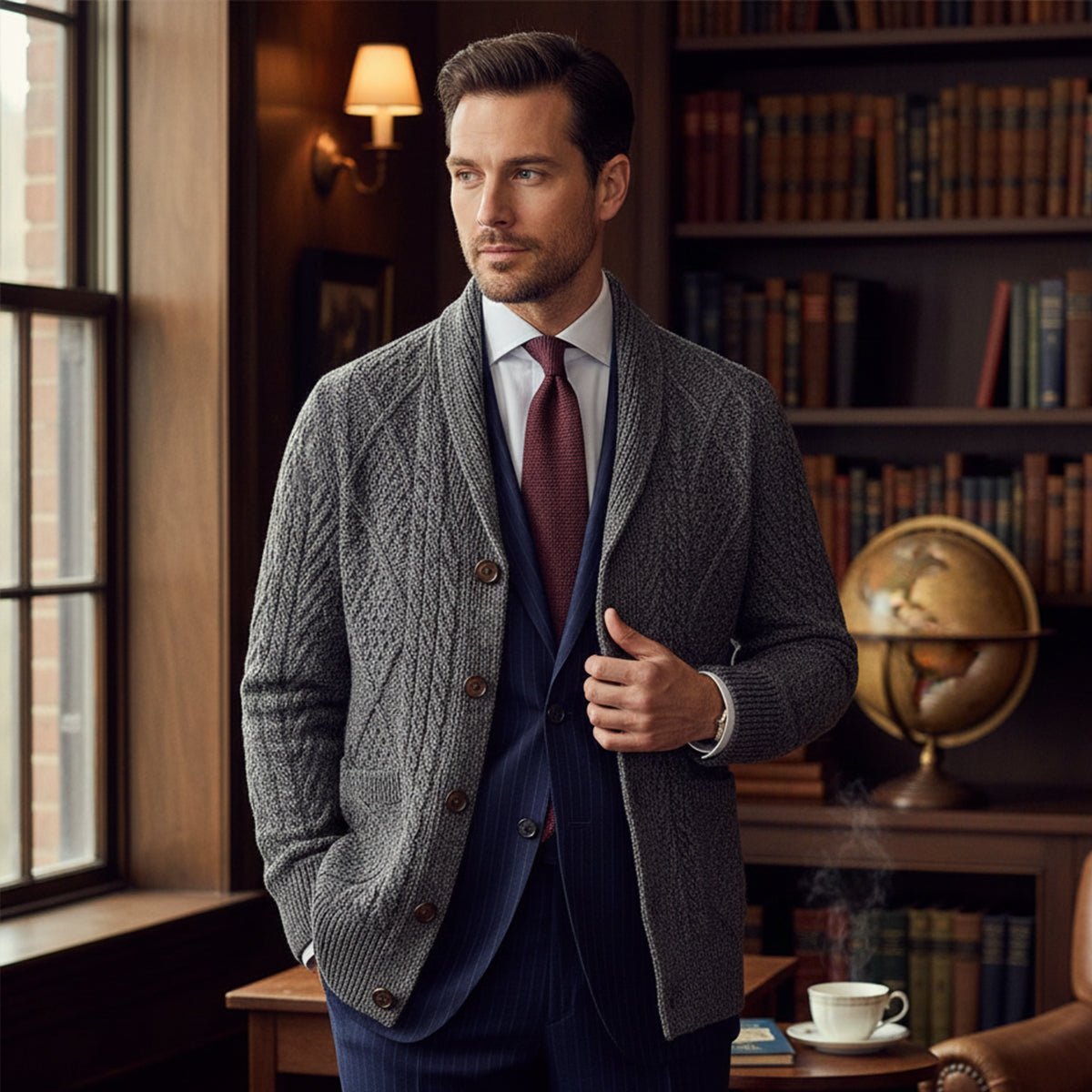 Men's Knit Cardigan Sweater | Shawl Collar Relaxed Fit View 11