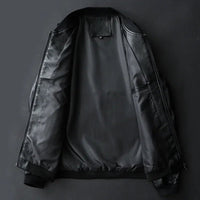 Men's Leather Bomber Jacket | Ribbed Collar Zip Front Back