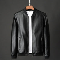 Men's Leather Bomber Jacket | Ribbed Collar Zip Front Detail