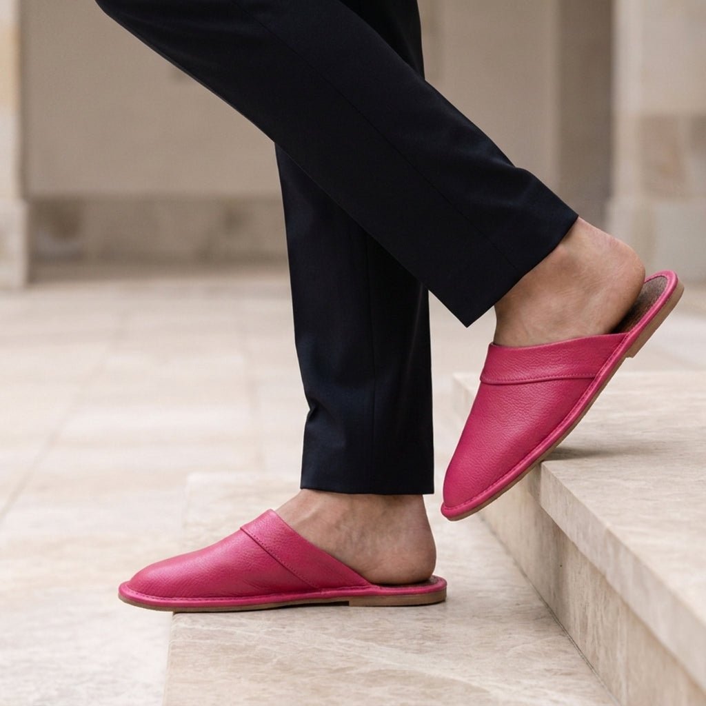 Men's Leather Slip-On Slippers | Open Heel Mule Close Up