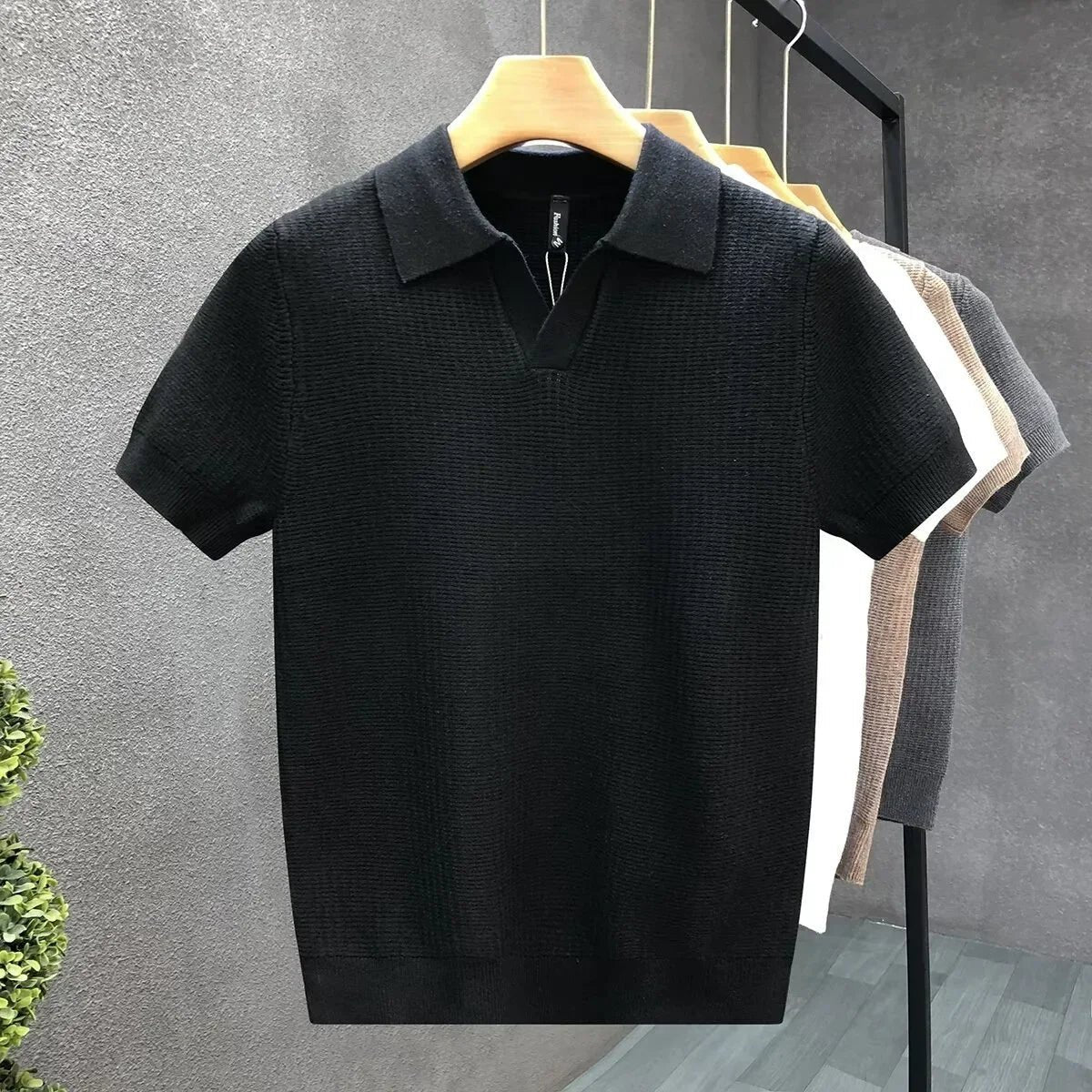 Men's Open Collar Knit Polo Top Detail