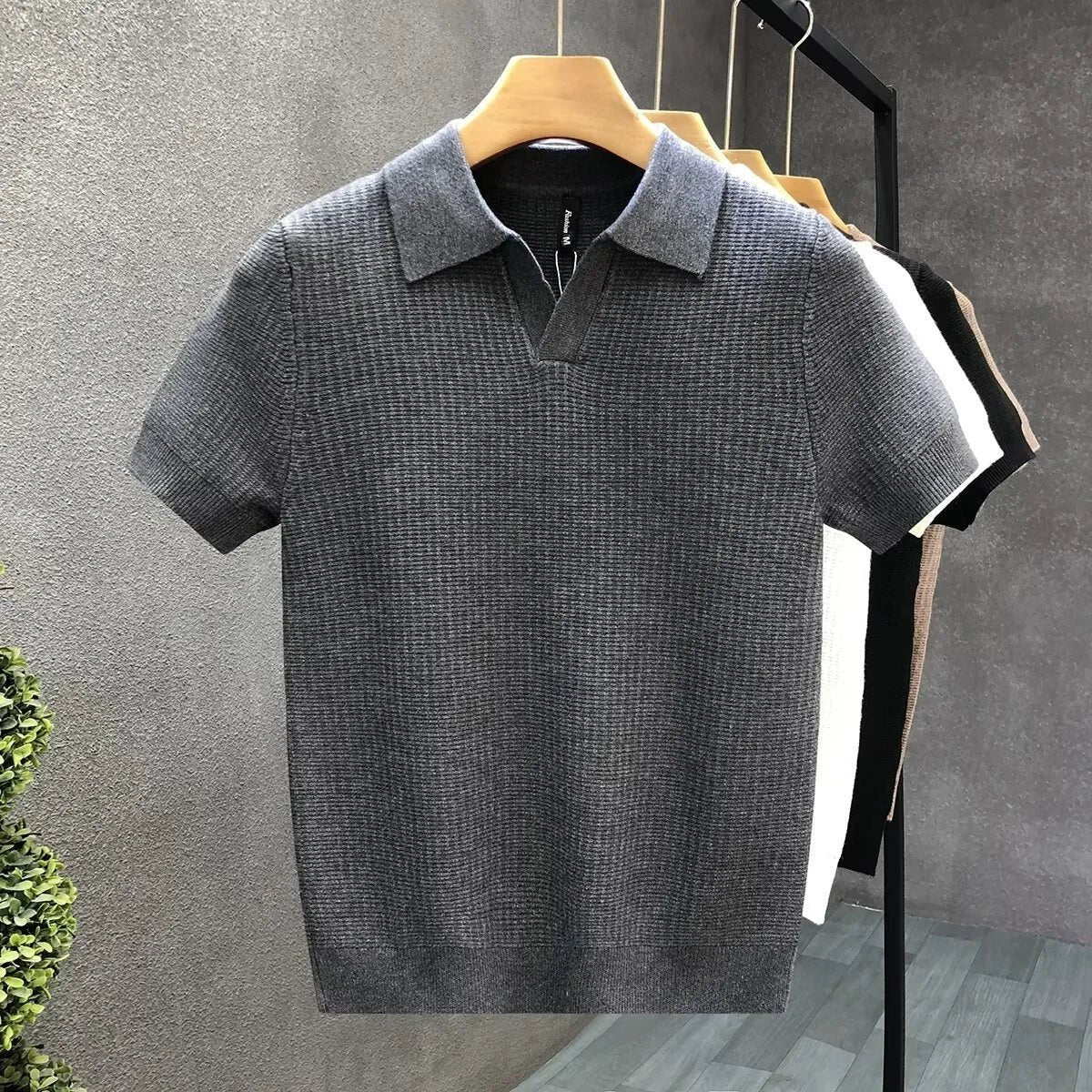 Men's Open Collar Knit Polo Top Side