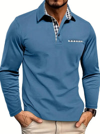 Men's Plaid Collar Long Sleeve Polo Top Front