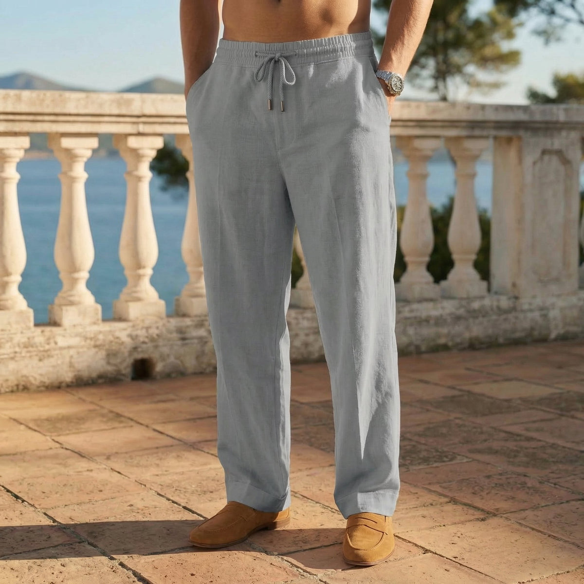 Men's Relaxed Linen Pants with Rope Drawstring Close Up