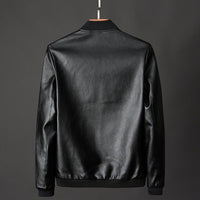 Men's Ribbed Collar PU Leather Jacket | Stand Zip Side