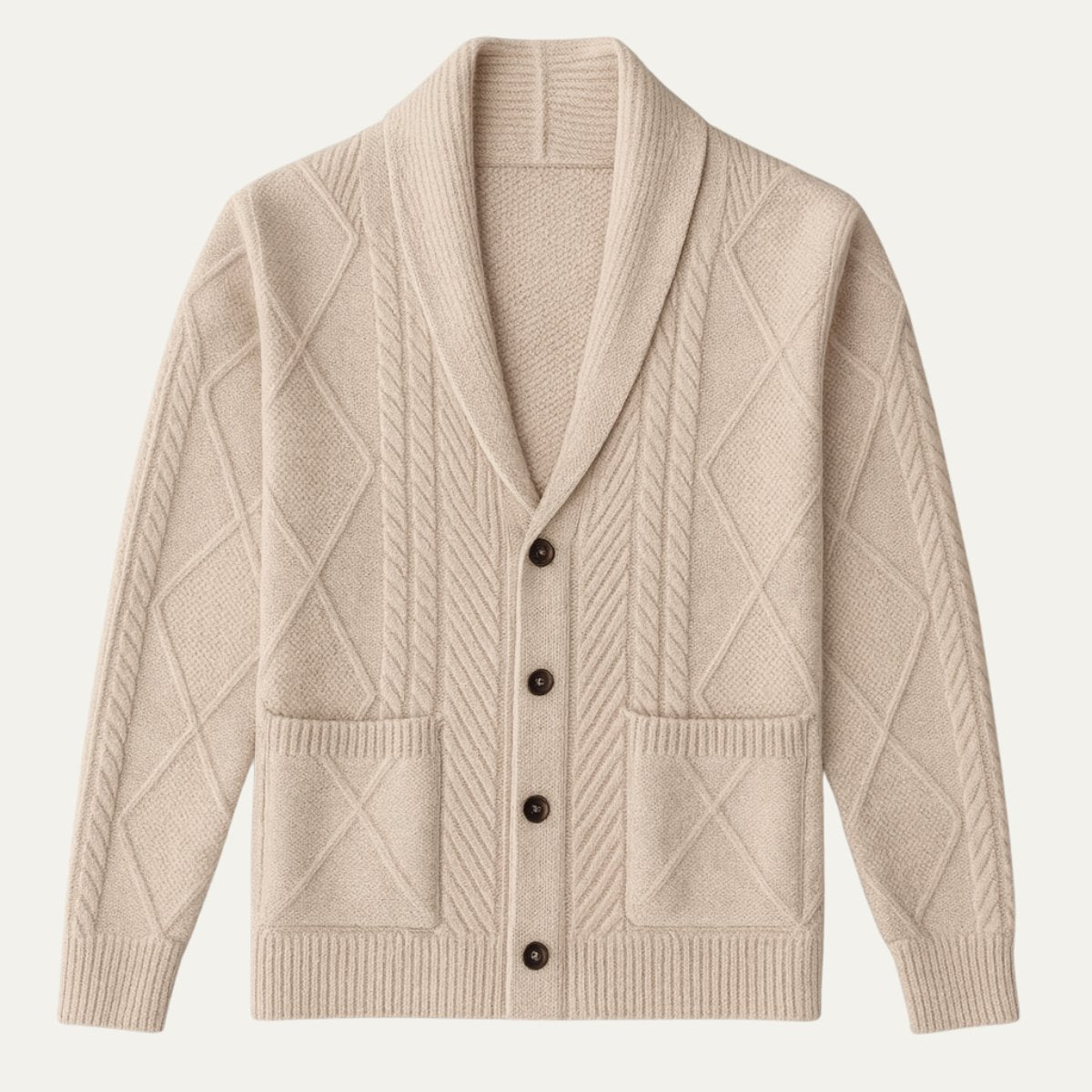 Men's Shawl Collar Wool Button Cardigan Sweater | Tailored Fit Angle