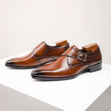Zapatos de hombre con hebilla única, estilo monk strap, de cuero y punta fina