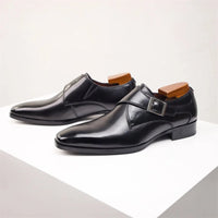 Men's Single Buckle Monk Strap Shoes | Leather Pointed Toe Side