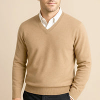 Men's V-Neck Wool Sweater | Slim Fit Knit Pullover Detail